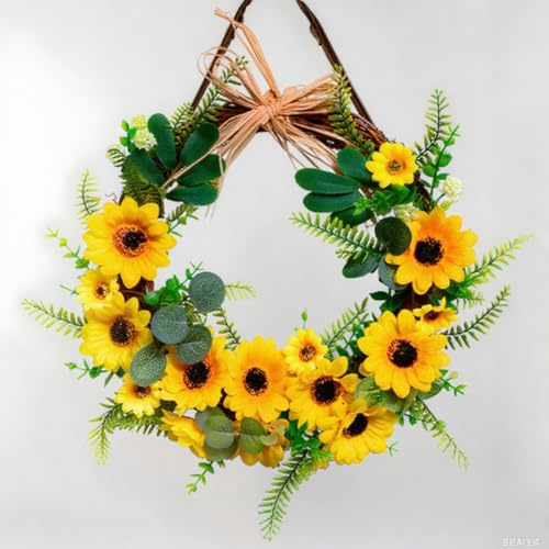 Sunflower Wreaths, Ø45CM, Ganzjährig Außen Deko, Künstlicher Blumenkranz Deko, Outdoor Türkranz, Kranz für Haustür, Handgefertigte Wandkranz, für Zaun, Fenster, Wand, Parties, Türen, Hochzeiten