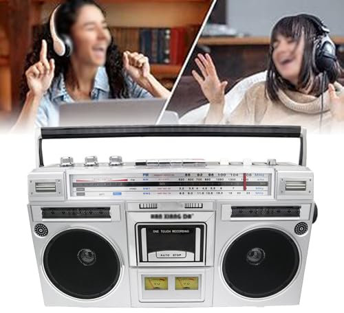 Lecteur CD/cassette Boombox Rétro Des Années 80 - Radio AM/FM Pleine Bande Avec Batterie Longue Durée | Deux Haut-parleurs Stéréo Haute Puissance | Lecture SD/USB/sans Fil | Facile À Utiliser ,Silver