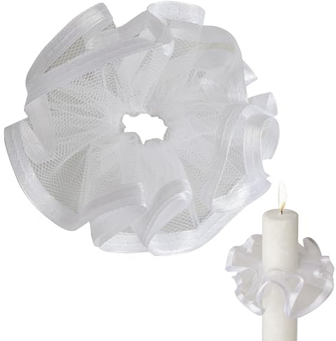 MOMENTU® TROPFENFÄNGER Tüll mit SATINRAND - Kerzenmanschette als Tropfschutz für KOMMUNIONSKERZEN Ø 3–5 cm, TAUFKERZEN, Hochzeitskerzen – Tüllmanschette, Kerzentropfschutz, Deko & Schutz