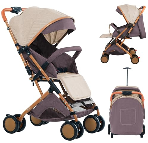 Homewell Fjäderlätt resevagn, vikbar, barnvagn, liggfunktion, platt liggposition, kompakt buggy inklusive myggnät och mattor, 98 x 71 x 45 cm (kaki)