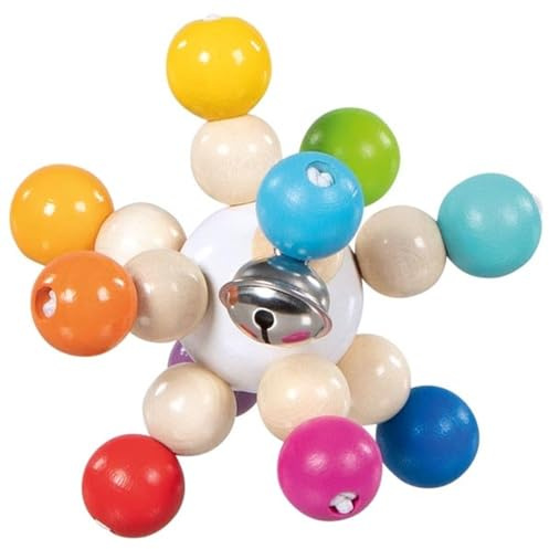 goki 65365 Greifling Elastik Regenbogenball, mit Glöckchen – Babyspielzeug aus Holz, Ø ca. 8,5 cm, Made in Germany