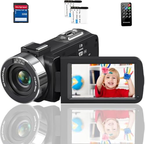 Yuejewlry 4K Video Camera Camcorder,48MP 30FPS YouTube Vlogging Camera Recorder,18X Digital Zoom IR Night Vision Camcorder,3.0 270°Rotating Touch Screen, Remote, 2 Batteries,32GB SD Card