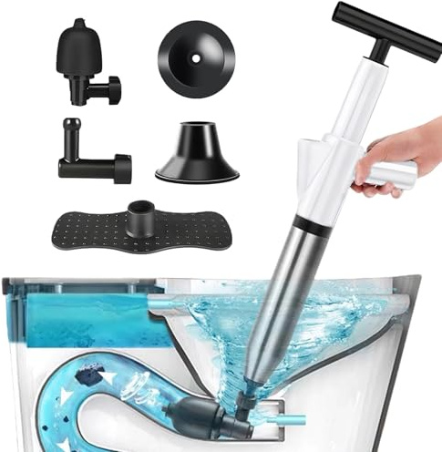 Hochdruck Abflussreiniger Pumpe, Rohrreiniger Druckluft Mit 5 Aufsätzen, Pressluft Rohrreiniger, Rohrreinigungspumpe Zum Freimachen Von Toiletten, Badewanne, Spüle, Boden, Abfluss