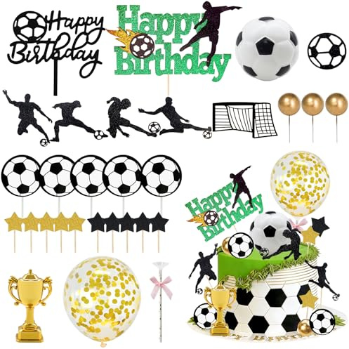 Morofme Tortendeko Fussball 30 Stück, Tortenaufleger Fussball Figuren Karte | Glitzer Happy Birthday Tortendeko mit Mini Fußball, Trophäe, Kuchen Deko für Fussball Thema Party, Geburtstag, Wettbewerb