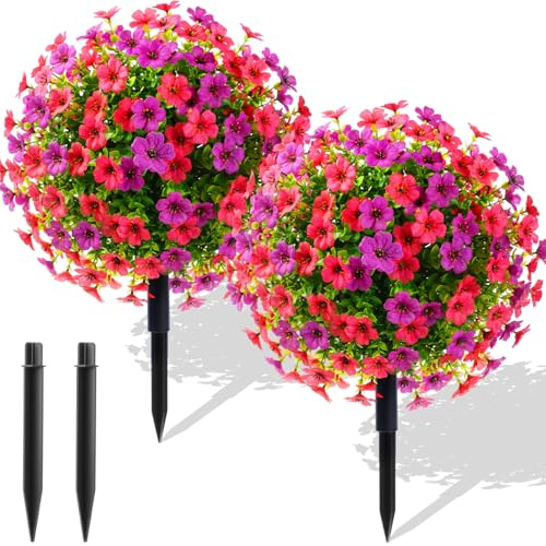 Hotop 2 Pack 22 Artificial Flowers Boxwood Ball Topiary Bush Trees with Spike, UV Resistant Plastic Faux Flowers Shrubs Decoration for Outdoor Indoor Front Porch Garden Home(Purple and Pink)