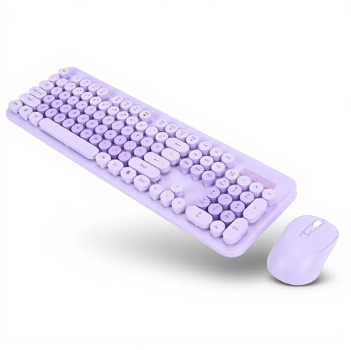 Topiky Wireless Typewriter Keyboard and Mouse Combo, Retro 104 Key Full Size Office Set Red Keyboard with Silent Round Keycaps, Wireless Mouse for Computer, Desktop, Laptop (Purple)