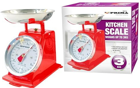 Mechanical Kitchen Metal Scale with Stainless Steel Bowl – Analogue Food Weighing Scale with Large Easy-Read Dial, 3 kg Capacity, Non-Slip Feet for Baking & Cooking (Red)