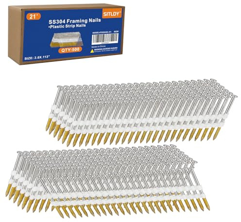 SITLDY 304 Stainless Steel 21 Degree Framing Nails 500 Count, 2.0-Inch x .113 Ring Shank, Full Round Head for Pneumatic Electric 20 to 22 Degree Framing Nailer