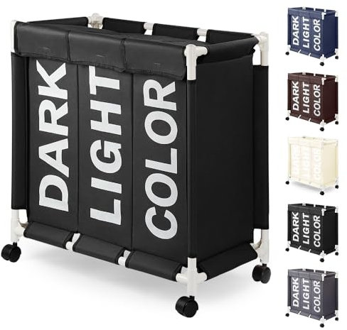 Rieeyrslza Cesto della Biancheria 3 Scomparti con Ruote 90L Alta Capacità Cesto della Biancheria Sporca su Ruote Stabile e Robusto Multifunzione Cesto Portaoggetti Pratico Lavanderia (Nero o2)