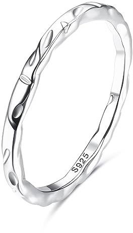 Milacolato Anillo Plata 925 para Mujer Niñas, Anillos de Banda Martillada de Plata Esterlina Chapada en Oro Blanco de 18 Quilates, Anillo de Promesa Compromiso Fino de 1,5mm Tamaño 19.5
