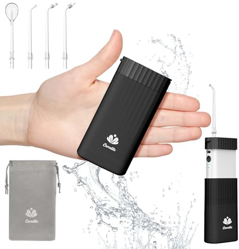 Irrigador bucal portátil para dientes, púas de hilo dental de viaje, mini irrigador oral inalámbrico recargable con tanque de agua telescópico, IPX7 impermeable para soporte y cuidado de dientes