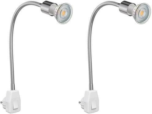 ledscom.de 2 Stück Steckdosenlampe LESCH Leselampe Schwanenhals, chrom/weiß, inkl. GU10 LED (warmweiß, 7,6W, 1103lm, 33°)