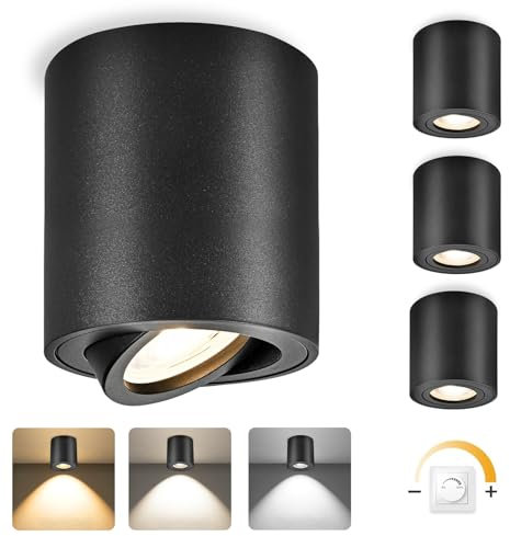 YindaLux LED Aufbauspots Dimmbar 30° Schwenkbar Ø80x84mm Deckenspots Schwarz, inkl. 5W 500LM LED Modul 230V, 3000K/4000K/6500K, Aluminium Aufputz Spots Modern Aufbaustrahler Aufbauleuchte Rund 4 Stück
