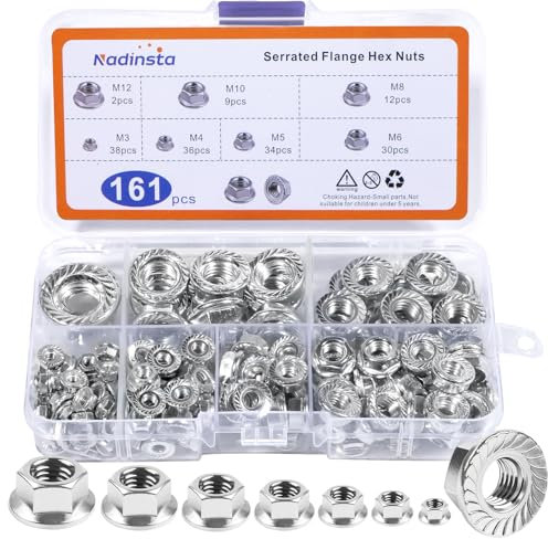 Nadinsta 161 Pcs Hex Flange Nuts, Silver Serrated Flange Hex Nut M3 M4 M5 M6 M8 M10 M12, Non-Slip Hexagon Flanged Nut, Flanged Lock Nuts For Furniture, Wood, Metal, Automotive, Mechanical Stop