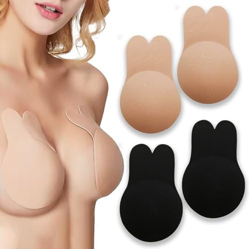 NICECONE 2 Pairs Invisible Bra, Rabbit Shaped Stick on Bra Cups Backless Strapless Self Adhesive Push-up Reusable Silicone Gel Nipple Cover for Women,Weddings,Party Black