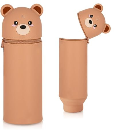 Silikon Federmäppchen mit Tierdesign - Süßes 2-in-1 Schulmäppchen aus weichem Silikon | Federmappe & Stiftehalter | Schlampermäppchen für Schule, Büro (Braunbär)