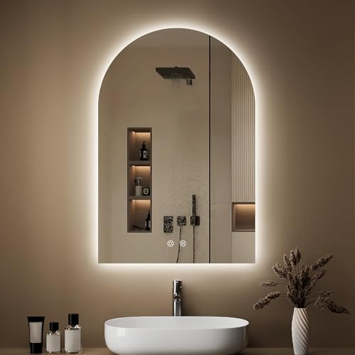 OUMUSU 50x75cm LED Badspiegel mit Beleuchtung Bogen | Badezimmerspiegel mit Beleuchtung,Beschlagfrei,Touch-Schalter, Dimmbar,3 Lichtfarbe Einstellbare, Bruchsicher