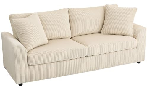 HOMCOM Modern 3 Seater Sofa with Spring Cushion Fabric 212 cm Cream White | Jumbo Cord Sofa Couch, 2 Scatter Cushions, Upholstered Corduroy Settee, Living Room, Bedroom, Home Office