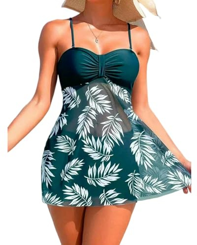 Fryloo Costume Donna Foglia Stampa Tankini da Bagno, Bandeau Top con Gonna in Maglia E Pantaloni Vita Alta, Costumi Bagno A 2 Pezzi per La Spiaggia Piscina Vacanze Estive-Green-XL