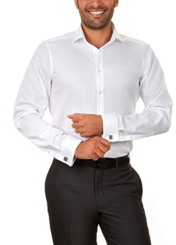 Calvin Klein Men's Non Iron Slim Fit Herringbone French Cuff Dress Shirt, White, 17 Neck 34-35 Sleeve
