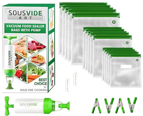 SOUSVIDE ART 37 bolsas reutilizables de sellado al vacío con sellador al vacío, 30 bolsas de cocina y almacenamiento de 3 tamaños con bomba y accesorios de cocina Sous Vide, kit seguro para alimentos