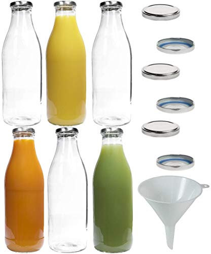 mikken - 6 bottiglie di vetro per latte da 1 l con 12 tappi a vite senza PVC, con imbuto