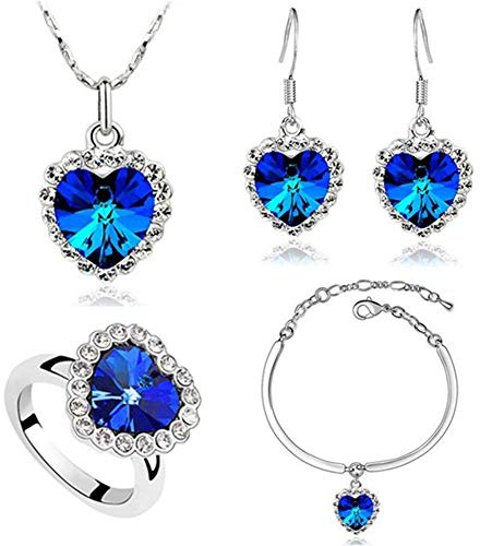 AILUOR Damen Crystals from Herz des Ozeans Schmuck Set, Weiß Vergoldet Titanisches Herz Des Ozean Saphir Kristall Anhänger Halskette Ohrringe Armband Und Ring Hochzeit Prom Schmuck