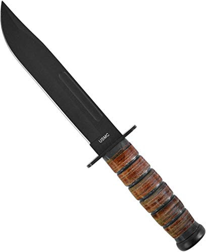 normani USMC Kampfmesser, Griff aus Lederringen Lederscheide, schwarze Klinge Farbe USMC-Brown