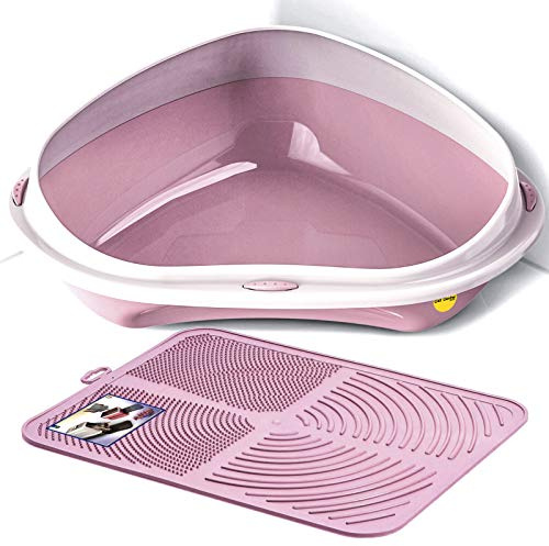 CAT CENTRE Large Corner Cat Litter Tray + Pink Non-Slip Mat Set, Kitten Loo | Corner litter box toilet tray, grooved non-slip mat, litter catch pad, kitten training, pink