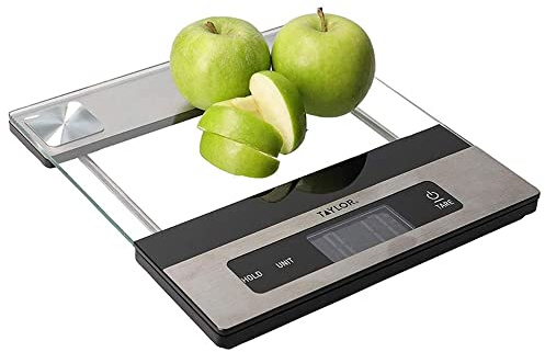 Taylor Digital Kitchen Food Scales with Glass Platform, Highly Accurate with Tare Function and Precision, Stainless Silver, Weighs 5 kg