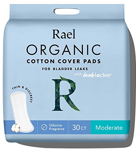 Rael Organic Cotton Cover Incontinence Pads for Women (Moderate, 30 Count) | Heavy Absorbency, Bladder Leak, 4 Layer Core with Leak Guard Technology, Maternity Pads, Postpartum Essentials, Vegan