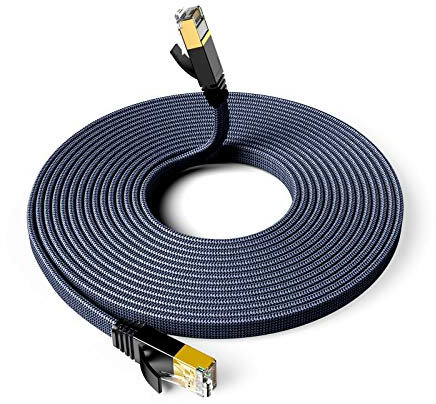 Snowkids Cat7 Cavo Ethernet 8m, Alta velocità Cavo di Rete 10Gbit/s 600MHz Piatto Nylon Placcato STP LAN RJ45 Gigabit Compatibile con Router Modem Switch TV Box PC Viene Fornito con 10 Fermacavi