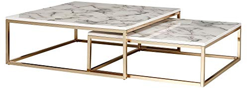 KADIMA DESIGN MARMIX Couchtische 2er Set: Quadratisch, Marmoroptik, Metallgestell, 22-27 cm Höhe, leicht zu reinigen Farbe: Weiß