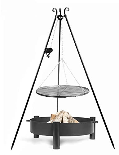 JS Garten Deko Set: Dreibein H 180 cm mit Grillrost Ø 60 cm aus Rohstahl und Kurbel + Feuerschale Haiti Ø 70 cm CookKing