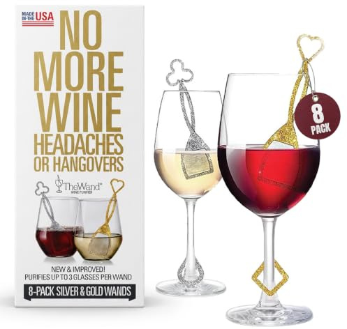 PureWine Silver & Gold Wand Histamine and Sulfite Filter, Purifier Reduces Wine Allergies, Stir Stick Aerates Wine - Pack of 8