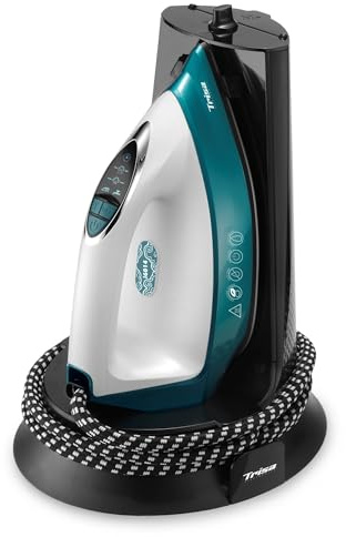 Trisa Dampfbügelstation Smart Temperature, 140g/min Konstanter Dampf, Keine Hitzeschäden, 1.3L Tank, Keramiksohle, Auto-Off & Eco, Bügelsystem für Alle Stoffe, Vertikaldampf für Vorhänge
