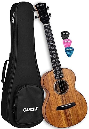CASCHA Solid Top Acacia Tenor Ukulele Erwachsene & Kinder - inkl. 3 Plektren & gepolsterter Tasche - Ukulele für Anfänger & Fortgeschrittene - hochwertige Carbonsaiten - Top Qualität