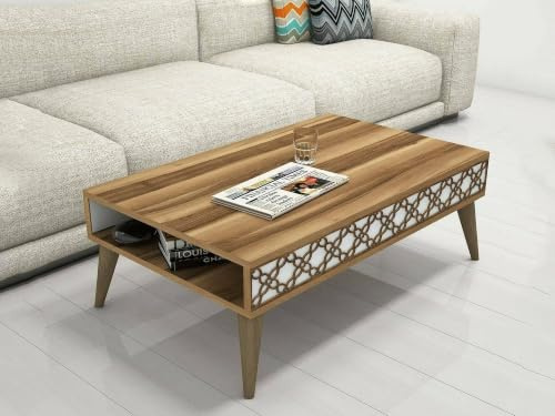 Dmora - Tavolino da Salotto Scheat, Tavolo Basso da caffè, Portariviste per Divano, Ripiano da Soggiorno, 105x60h37 cm, Noce e Bianco