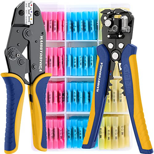 haisstronica Crimping Tool Set, 0,25-6mm²(AWG 24-10) Crimpers, 0,5-6mm²(AWG 22-10) Wire Stripper and 200 PCS Butt/Heat Shrink Connectors, Waterproof Insulated Terminals