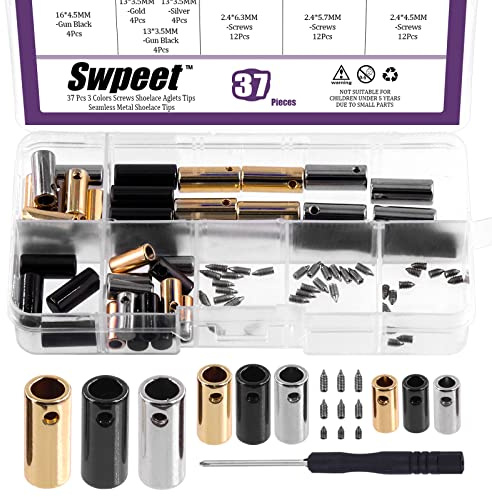 Swpeet 36 Stück Legierung Runde Aglets mit Schraube und Schraubendreher 3 Farben 13mm 16mm 18mm Schnürsenkel Kopf Metall