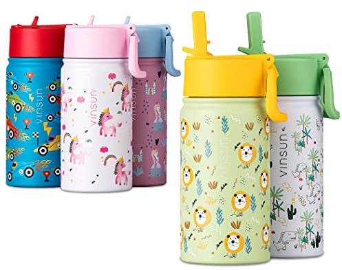 Vinsun Gourde Enfant avec Paille 350ml Vert - Inox, sans BPA, etanche, reutilisable - Bouteille d'eau avec Lions pour Filles et Garcon