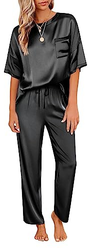Ekouaer Pigiama Donna Estivo Pigiami Due Pezzi Pantaloni in Raso Camicia da Notte Manica Corta Comodi, Nero, S