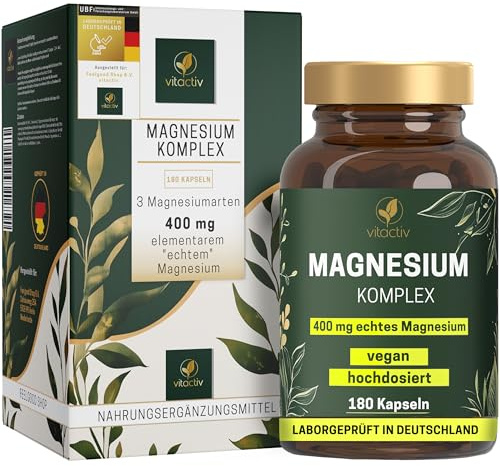 VITACTIV Magnesium Komplex - Magnesium Knochen & Muskelfunktion - 180 Kaps. | Hochdosiert, Vegan, Zuckerfrei. Magnesium: normale Muskelfunktion