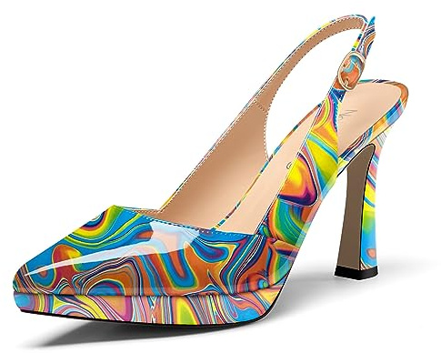 NobleOnly Donna Spillo Alto High Tacco Heel a Punta Slingback Piattaforma Pumps Slip-on Fibbia Casual Dress Scarpe 10 CM Heels Graffiti Colorati 43 EU
