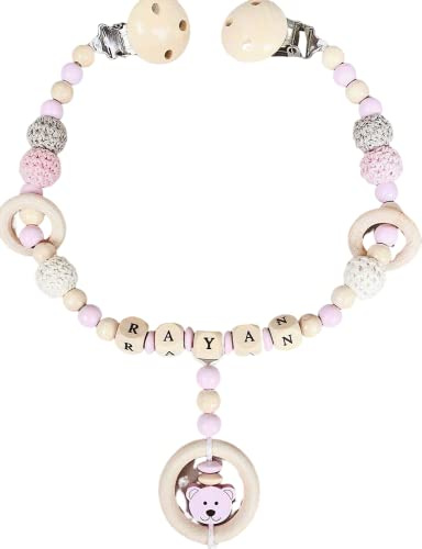 personalisiertes gestaltetes Babygeschenk mit Namen Kinderwagen für Mädchen oder Junge Baby Geschenk personalisiert zur Geburt & Taufe Natur Holz Rosa Bär