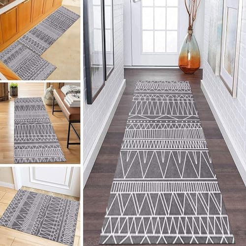 Läuferteppich für Flur, grauer geometrischer Langflor-Teppich für Schlafzimmer, Nachttisch, Waschküche, rutschfeste, waschbare Küchenbodenläufermatte, Breite 60 cm, 70 cm, 80 cm ( Size : 70×350cm )