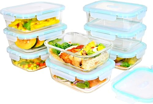 Hcrvvi 8pcs 1040 ML Food Containers With Lids, BPA Free - Glass Containers With Lids, Meal Prep Containers, Airtight & Leakproof Glass Food Containers