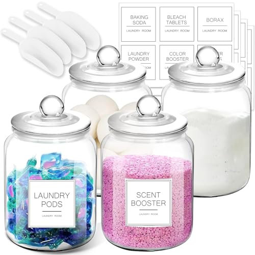 FyndraX Tarros de vidrio de medio galón, recipientes herméticos grandes con cuchara y etiquetas para organización y almacenamiento de lavandería, baño, cocina y despensa, juego de 4