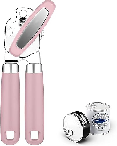 Can Opener with Magnet,Professional 3-In-1 Multifunctional Manual Can Openers Bottle Opener,Kitchen Durable Stainless Steel Heavy Duty Can Opener Smooth Edge for Kitchen Seniors Friendly (6D-Pink)
