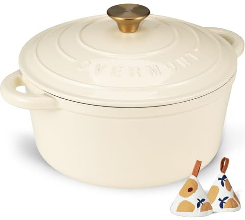 Overmont 24cm/4.2L Enamelled Cast Iron Round Casserole Pot With Lid Cookbook & Cotton Potholders - Non-stick Dutch Oven Cookware for Braising, Stews, Roasting, Bread Baking - Cream white, 4.5QT